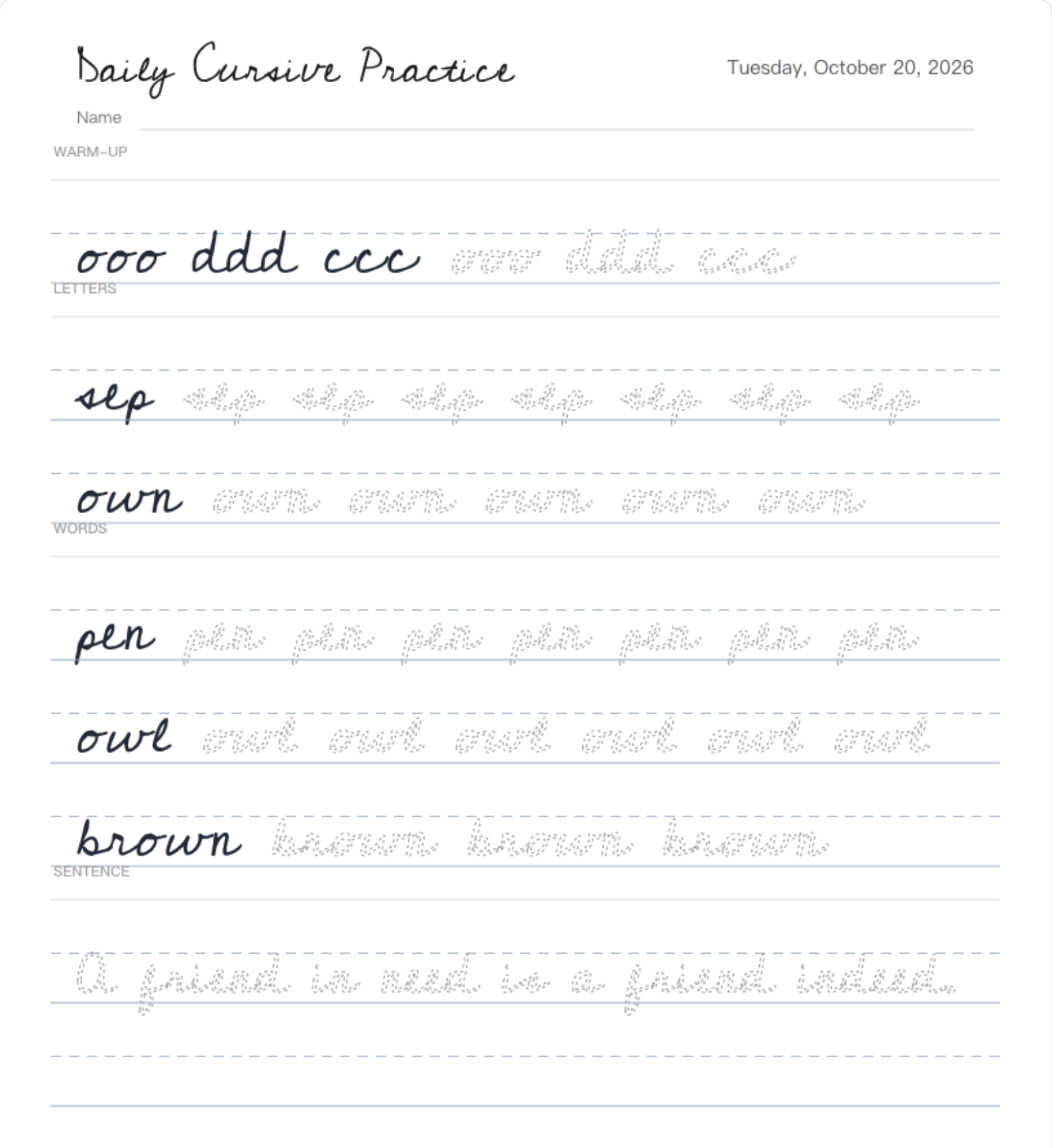 Daily cursive handwriting practice PDF: fifteen minutes, then stop
