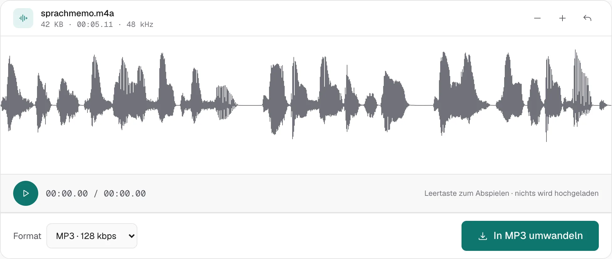 sprachmemo.m4a ist offen. Das Format steht auf MP3 · 128 kbps, der Knopf heißt In MP3 umwandeln.