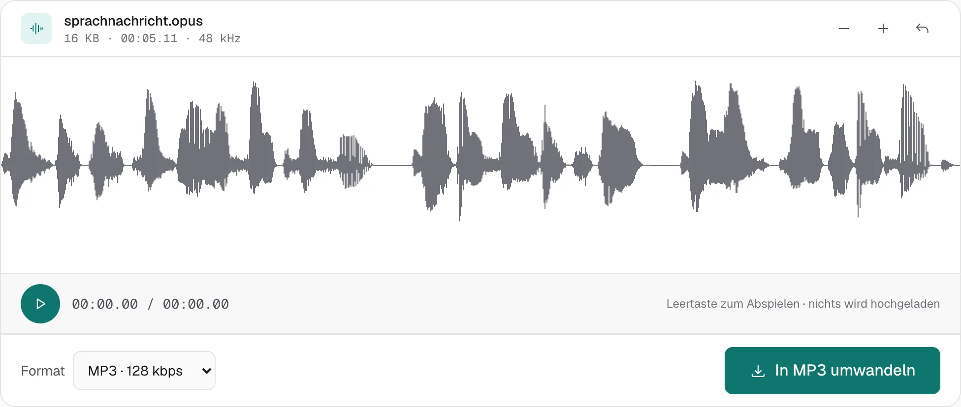sprachnachricht.opus ist offen. Das Format steht auf MP3 · 128 kbps, der Knopf heißt In MP3 umwandeln.