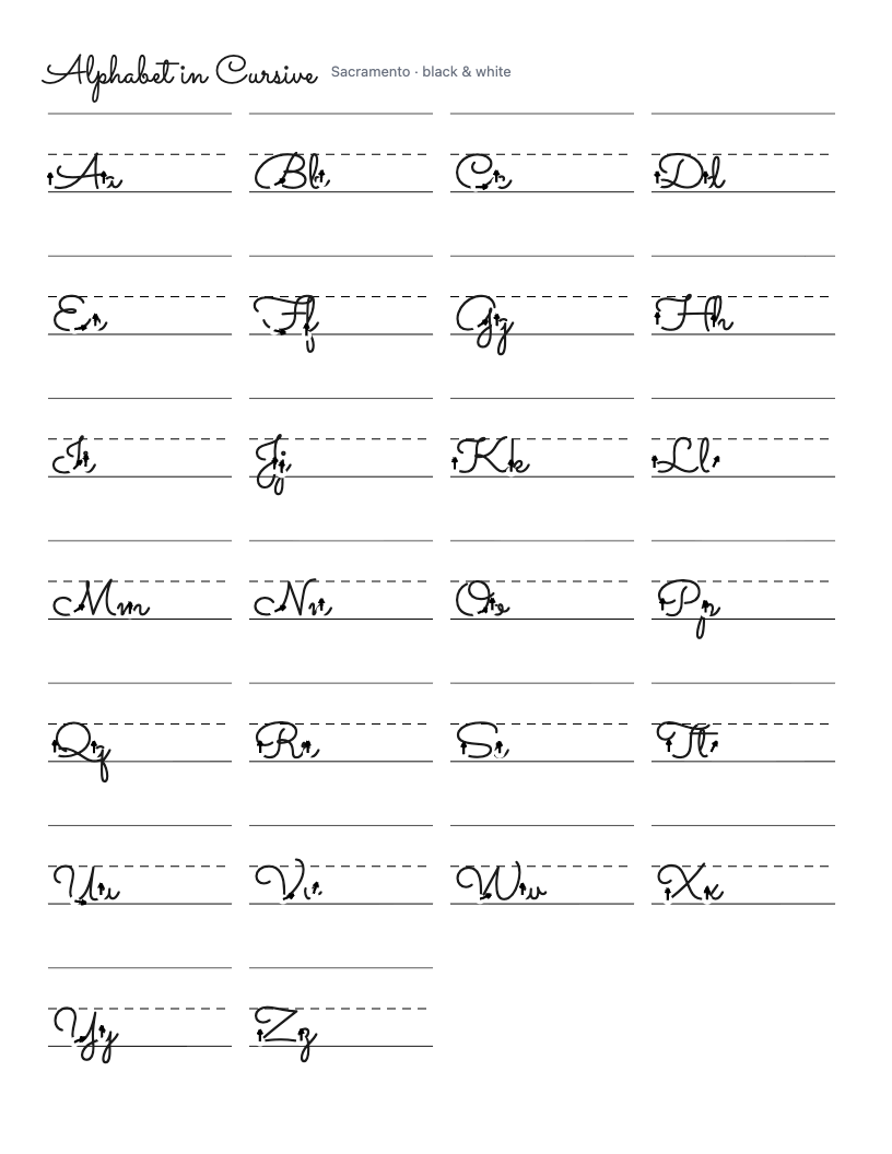 black and white cursive alphabet chart, uppercase and lowercase letters on a three-line guide