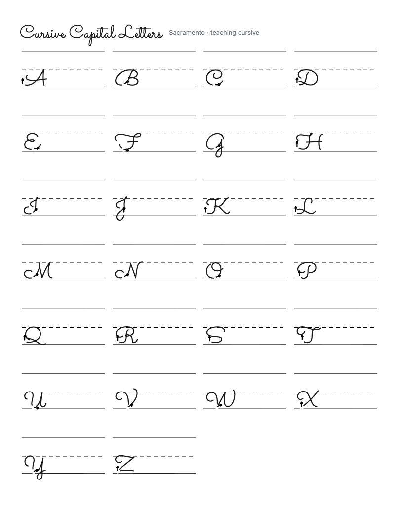 uppercase cursive letters chart, capital A to Z with start dots and stroke arrows